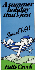 Image of a character reclining in a hammock above the mountains with slocan in black text.