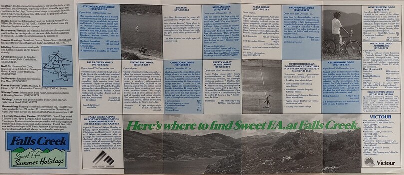 Image of Falls Creek along with information of accommodation and dining options.