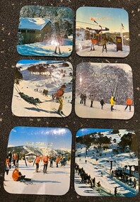 A set of coaster featuring photos of Falls Creek