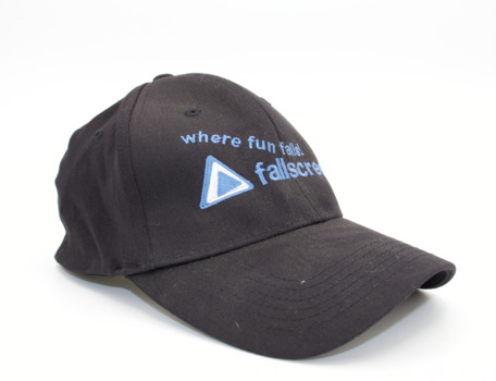 Side view of cap bearing a blue and white Falls Creek advertising logo