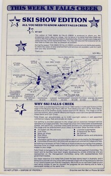 An information sheet with map of Falls Creek Village and text.