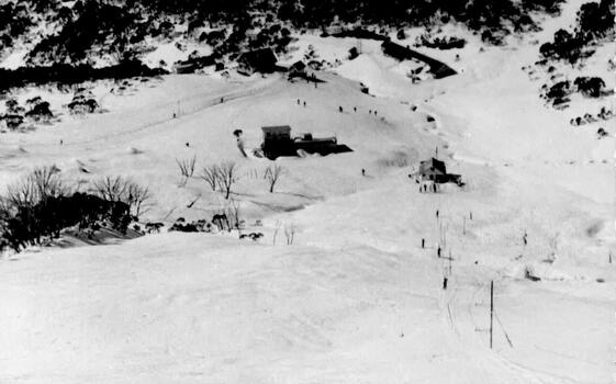 View over Falls Creek with Lodge in the centre of the image.