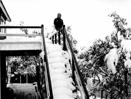 Thea sitting at top of staircase at Bowna.