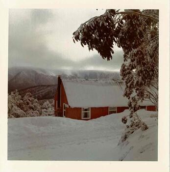 Bowna Lodge with deep snow and threatening skies