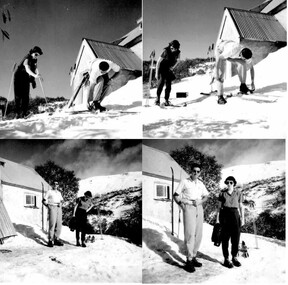 A collage of a couple preparing to ski in front of the lodge.