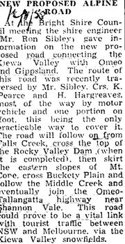 Article about proposed road between the Kiewa Valley and Omeo.