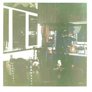 Inside the kitchen area of Norma Tullo's Lodge. Cooking utensils on the bench and table in the foreground.