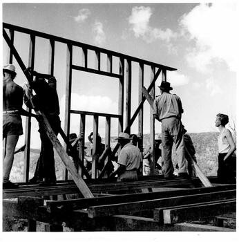 The first section of the main timber frame being put in place.