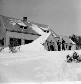 Four people standing outside of snow covered lodge