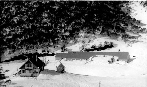 Falls Creek under snow. Tow building in centre foreground