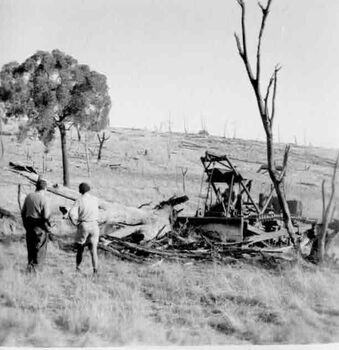 A plough or bulldozer pushing fallen tree logs and branches. Two men on the left watching on