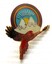 An enamelled badge featuring 2 mountains between the wings of a red bird.