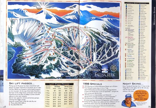 A map of Falls Creek with legend to the right and information about costs of Ski Passes in the bottom section.