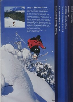 A skier descending a slope. A smaller image in the top of the page, beside a paragraph of information title "Just Bragging"