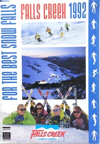 A collection of three images including skiers descending the slope, a view of Falls Creek from above and a four people lying on the snow.