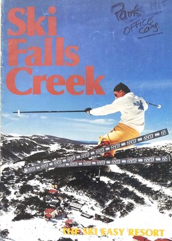 Image of skier on the slope above Falls Creek and slogan "THE SKI EASY RESORT"