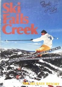 Image of skier on the slope above Falls Creek and slogan "THE SKI EASY RESORT"