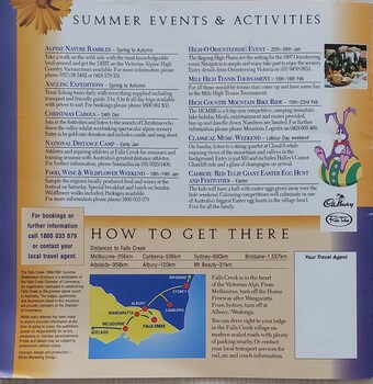 Summer events and activities program and travel information with map.
