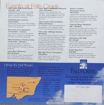 A table of events in top section and travel information at the bottom.