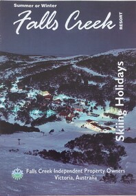 Aerial view of Falls Creek at night plus title in white.