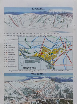 Maps of Sun Valley Slopes, Falls Creek Village and the Village Bowl Slopes.