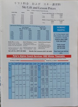 Information about ski lift and lesson prices as well as a Pyles bus timetable between Falls Creek and Albury.