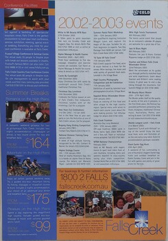 Information promoting venues and events in Falls Creek.