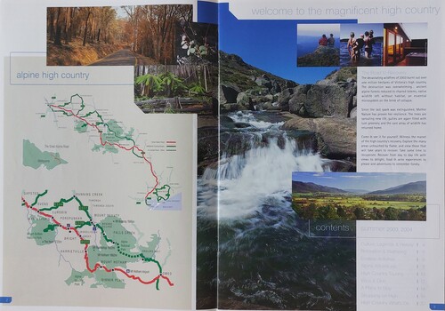 Images of scenic views and a map of the Alpine High Country
