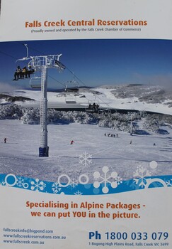 Photo of people on a chair lift and others on the snow as well as text