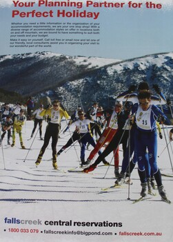 A large group of skiers during a Cross Country event with written information in the top section.