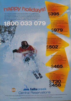 Features a skier on the left and information about different packages and contact details for Falls Creek Central Reservations