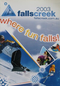 Featuring several images of skiers, snowflakes and the Falls Creek logo