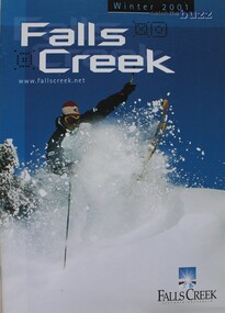 Image featuring a skier in a burst of snow and the Falls Creek logo.