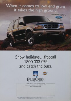Half page image of a car advertisement and contact details for Falls Creek.
