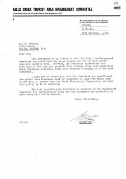 Letter from Falls Creek Tourist Area Management Committee following Bob's failure to comply with requests.