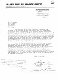 A typed letter from the Falls Creek Tourist Area Management Committee with handwritten note at bottom
