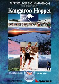 Poster for the first Kangaroo Hoppet featuring images of skiers, mountains and kangaroo symbol