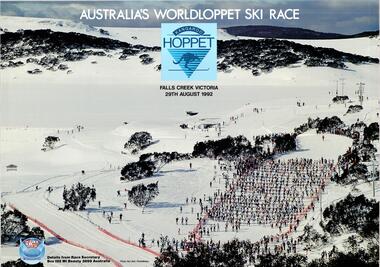 Poster promoting Kangaroo Hoppet with an image of large group of skiers from the previous year.