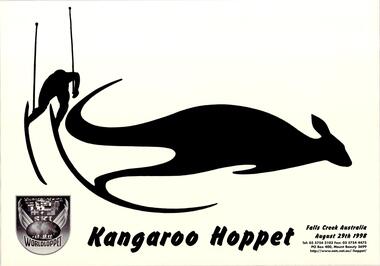 A black and white poster featuring a silhouette of a skier and a kangaroo.