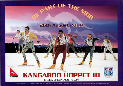 An image of a group of seven skiers on the snow against the sunset, with the outline of four kangaroos in the sky.