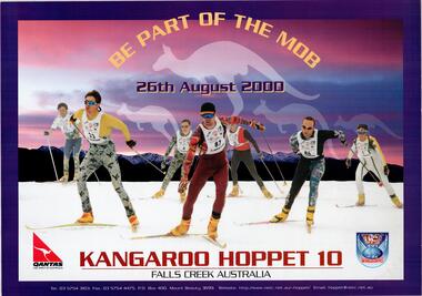 An image of a group of seven skiers on the snow against the sunset, with the outline of four kangaroos in the sky.