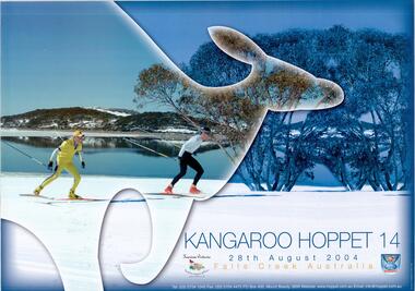 Two skiers beside a lake with a silhouette of a kangaroo superimposed over them.