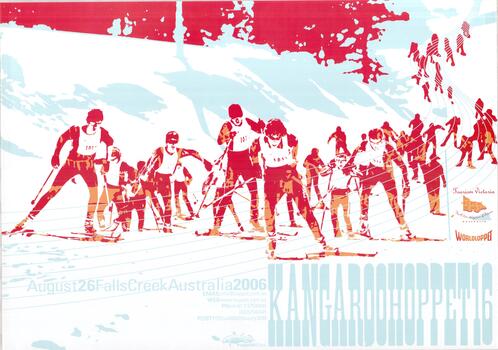 A large group of skiers in reddish tones on white-blue snow.