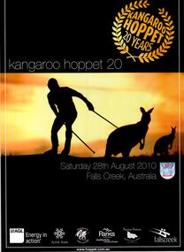 A silhouette of a skier and two kangaroos against an orange sunset