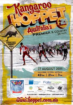 A group of competitors from a previous Hoppet event. A Kangaroo Hoppet road sign on the left.