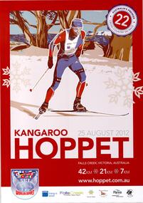 A skier dressed in blue and red with trees in the background. Stylised snowflakes are on either side. 