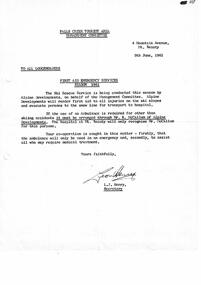 A letter outlining First Aid Services established for 1961