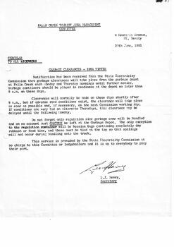 A letter explaining the procedure for garbage collection winter 1961