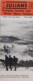Front cover of brochure featuring three skiers looking down from slope
