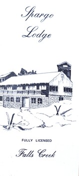 Drawing of Spargo Lodge with skis sticking in the snow